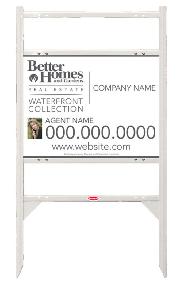 Waterfront Collection real estate white angle iron sign frame and photo panel unit with two rider inserts, 24 GA steel 18h x 24w