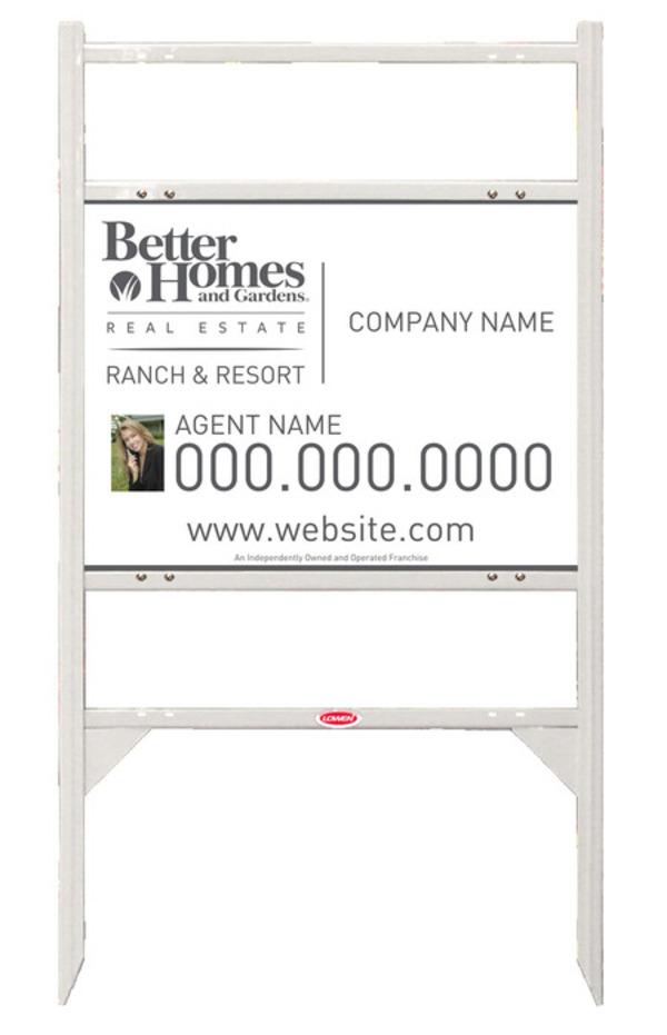 Ranch and Resort real estate white angle iron sign frame and photo panel unit with two rider inserts, 24 GA steel 18h x 24w