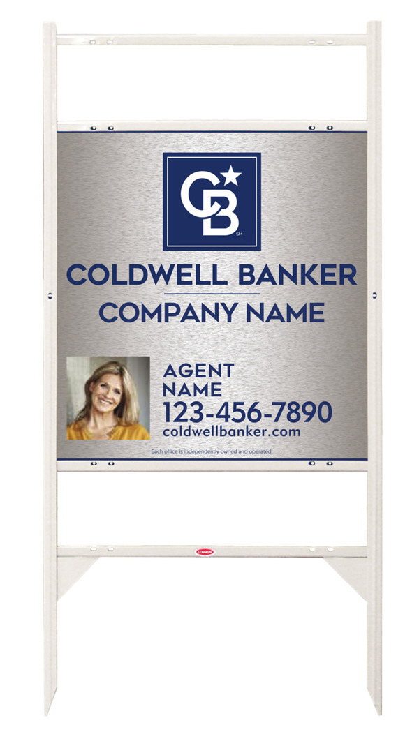 Angle Iron Frame w 2 Rider Inserts and Agent Photo Sign Panel Unit, 25h x 24w, Brushed Aluminum Composite