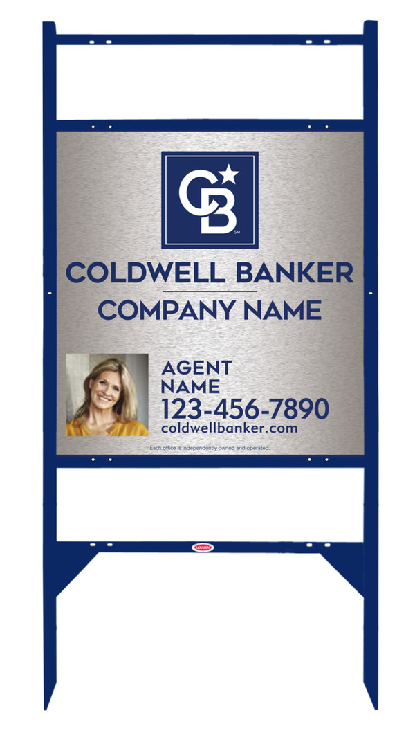 Angle Iron Frame w 2 Rider Inserts and Agent Photo Sign Panel Unit, 25h x 24w, Brushed Aluminum Composite