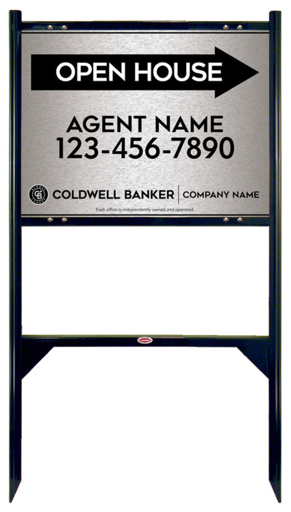 Angle Iron Frame and Agent Open House Sign Panel Unit, 18h x 24w, Brushed Aluminum Composite